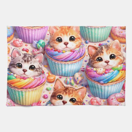 De mignons chatons et cupcakes, torchon de cuisine (Horizontal)