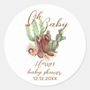 De moderne Boho Cactus Cowboy Schoenen Baby shower Ronde Sticker