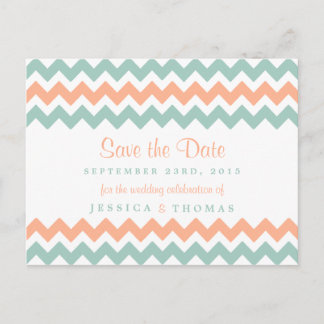 De moderne Chevron Wedding Collectie Peach & Mint Aankondigingskaart