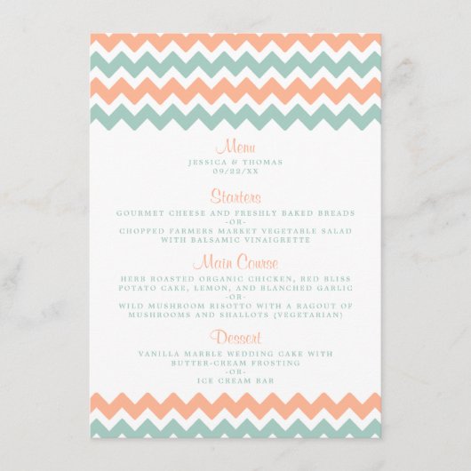 De moderne Chevron Wedding Collectie Peach & Mint Menu (Voorkant)