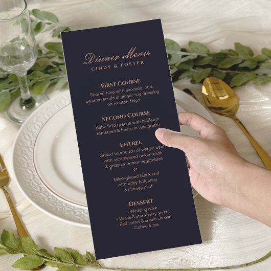 De moderne Navy en Roos Gold Wedding Menu