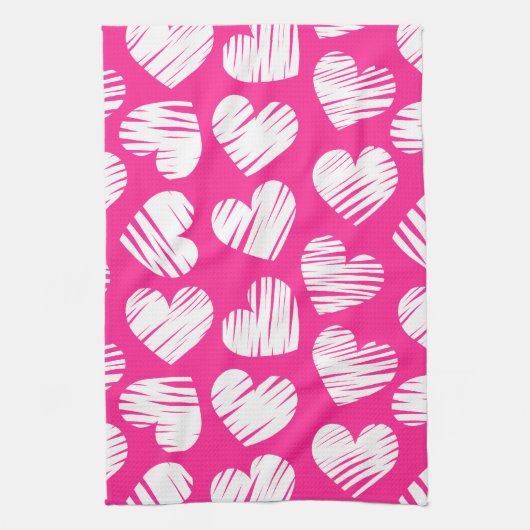 De moderne roze en witte Doodled Heart Valentijnsd Theedoek (Verticaal)