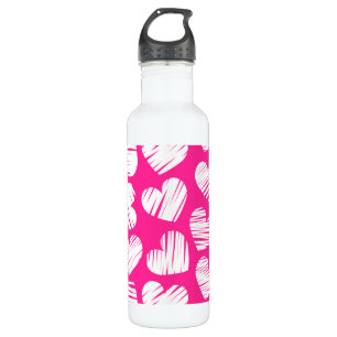 De moderne roze en witte Doodled Heart Valentijnsd Waterfles