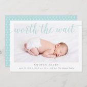 De moeite waard om te wachten Foto Geboorteaankond Aankondiging (Voorkant / Achterkant)
