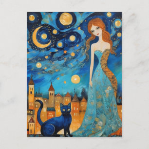 De mooie vrouw en kat in een nachtstad briefkaart