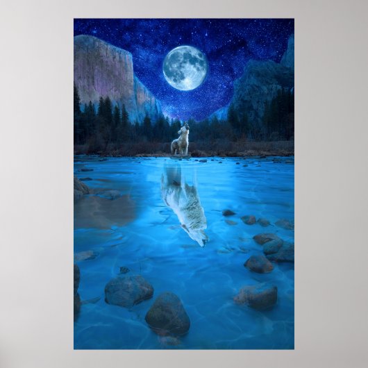 De Moon Wolf Howling bij de Moon Night Wolf Poster (Voorkant)