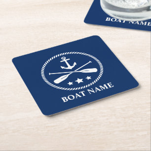 De naam van je boot Anchor Oars & Stars Navy Blue Vierkante Kartonnen Onderzetter
