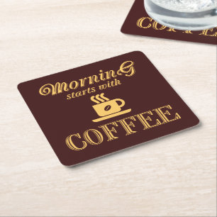 De ochtend begint met koffie vierkante kartonnen onderzetter