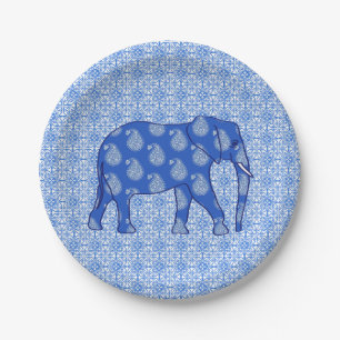 De olifant van Paisley - kobaltblauw en wit Papieren Bordje