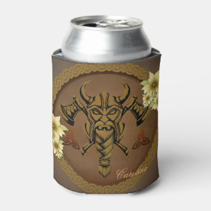 De onbevreesde viking met helm met hoorns. blikjeskoeler