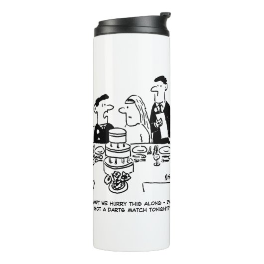 De Ontvangingsbruidegom van het huwelijk heeft een Thermosbeker (Gedraaid links)