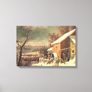 De oude molen in Winter Currier & Ives canvas prin