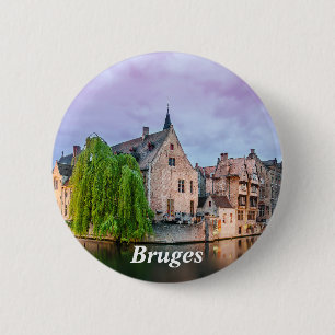 De oude stad Brugge en de toren van Belfry Ronde Button 5,7 Cm