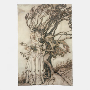 De oude vrouw in het bos door Arthur Rackham Theedoek