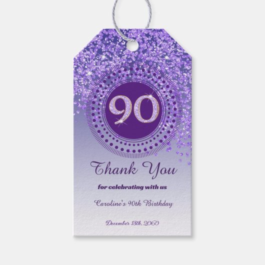 De Paarse Glitter 90ste Verjaardag Cadeaulabel (Voorkant)