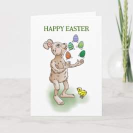 De paashaas jongleert met de paaseieren kaart