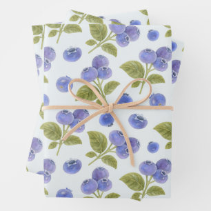 De Papier Cadeau Aquarelle Blueberry Fruit avec Feuille Bleu clair