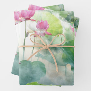 De Papier Cadeau Aquarelle Lotus Rose Fleurs avec Feuille