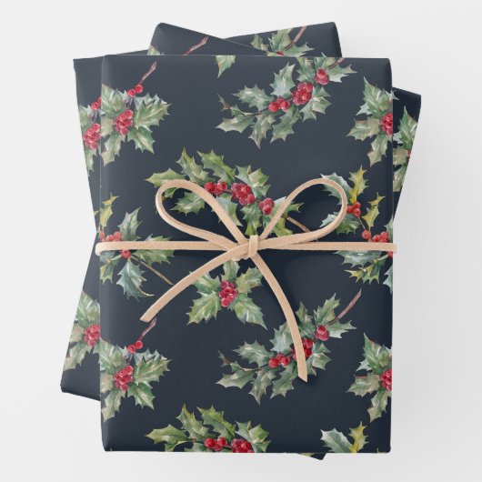 De Papier Cadeau Christmas Holly Berry Branches avec Feuille (En situation)