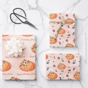 De Papier Cadeau Citrouille floral d'automne avec feuille d'emballa