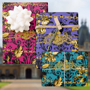 De Papier Cadeau Feuille d'acanthe noir et or Chaînes en or Luxe Él