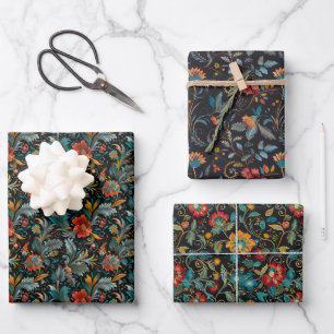 De Papier Cadeau Floral bohème et Motif feuille sur noir