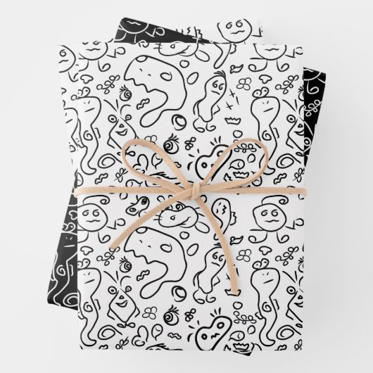 De Papier Cadeau Motif à doodle noir et blanc enveloppe feuille pap (En situation)