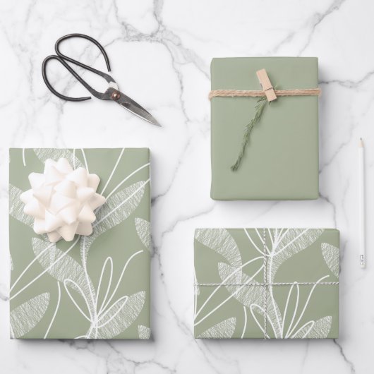 De Papier Cadeau Motif botanique Feuille dressé à Sage Green (Recto)
