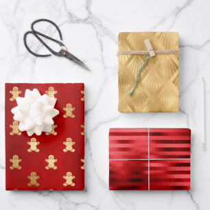 De Papier Cadeau Motif pain d'épice glam Noël feuille dorée rouge
