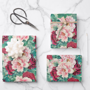 De Papier Cadeau Pies roses rouges et Motif Feuille vert
