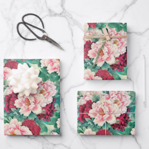 De Papier Cadeau Pies roses rouges et Motif Feuille vert