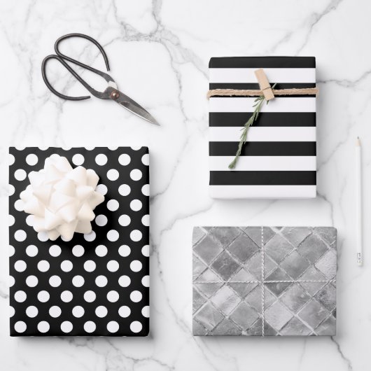 De Papier Cadeau Rayures Noir Blanc Points Argentés Feuille (Recto)