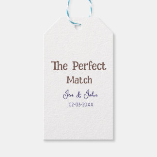 de perfecte match huwelijksgrijze naam datum blauw cadeaulabel