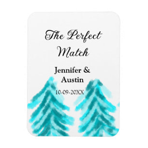 De perfecte match winter blauwe dennenboom bruilof magneet