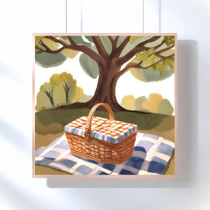 De Picknick Blauw Wit Gestreepte Rieten Waterver Perfect Poster