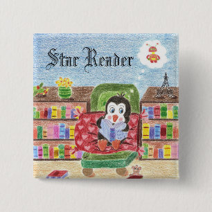 De pinguïn beloningsknop lezen vierkante button 5,1 cm