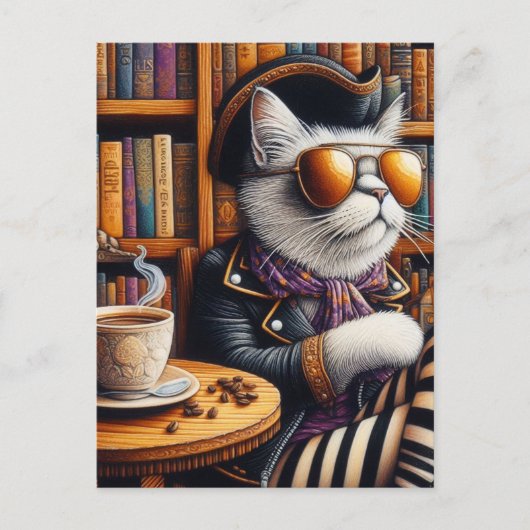 De piratenkat met koffie in een boekwinkel briefkaart (Voorkant)