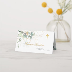 De Placement Carte Baptism Eucalyptus Golden Floral Place
