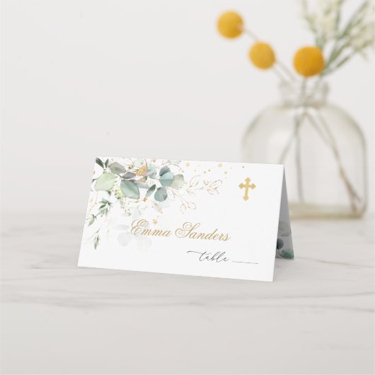 De Placement Carte Baptism Eucalyptus Golden Floral Place (Devant)