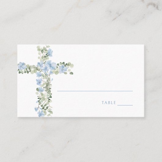 De Placement Carte Place Baptême Boy Cross Floral Bleu (Devant)