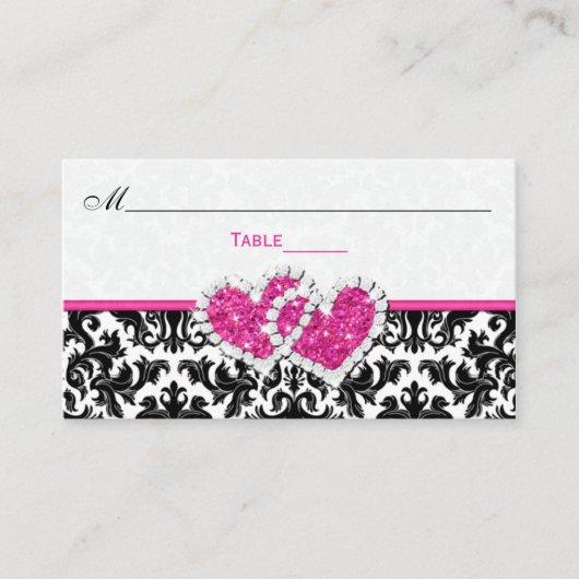 De Placement Noir, Blanc, Rose Coeurs Joints Damask Carte Place (Devant)
