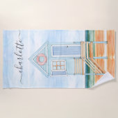De Plage Aquarelle personnalisée Beach Hut Beach Serviette (Devant)