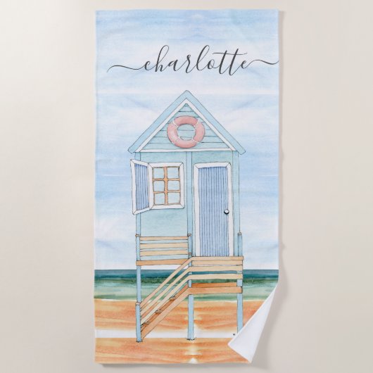 De Plage Aquarelle personnalisée Beach Hut Beach Serviette (Devant)
