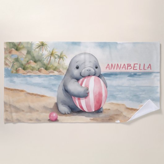 De Plage Cute Manatee Girl Beach Serviette (Devant)
