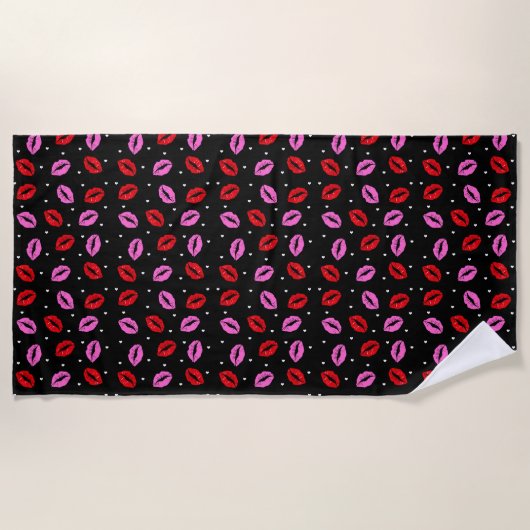 De Plage Lèvres Kiss Rose Red Hearts Beach Serviette - BLK (Devant)