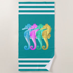 De Plage Nautique aqua/rose/bleu/or hippocampes serviette d