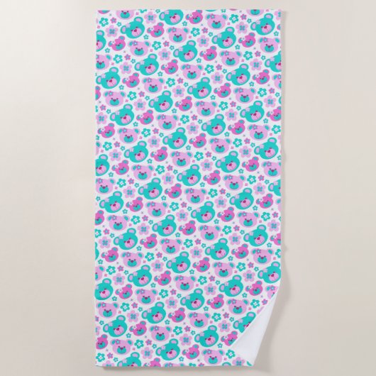 De Plage Teddy ours fleurs rose aqua serviette (Devant)