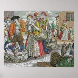 De pluimveemarkt (gekleurde gravering) poster