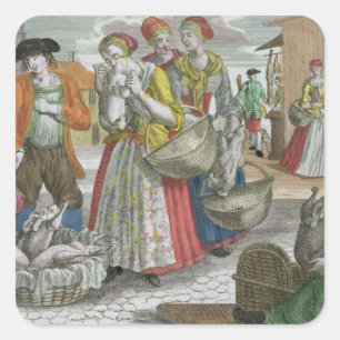 De pluimveemarkt (gekleurde gravering) vierkante sticker
