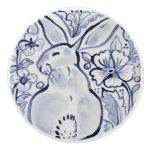 De Porte En Céramique Bleu Blanc Joli Flore Tiroir Rabbit Bouton Tirer